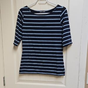 Warehouse One Navy and Light Blue Striped Women's Cotton Top Shirt